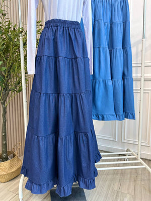 Denim Ruffle Tiered Skirt