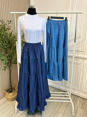 Denim Ruffle Tiered Skirt