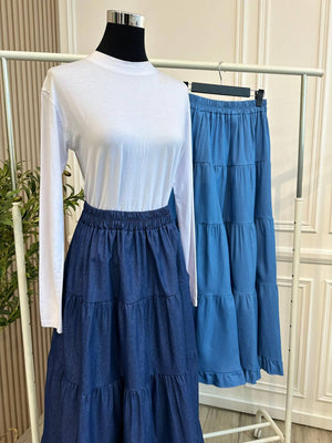 Denim Ruffle Tiered Skirt