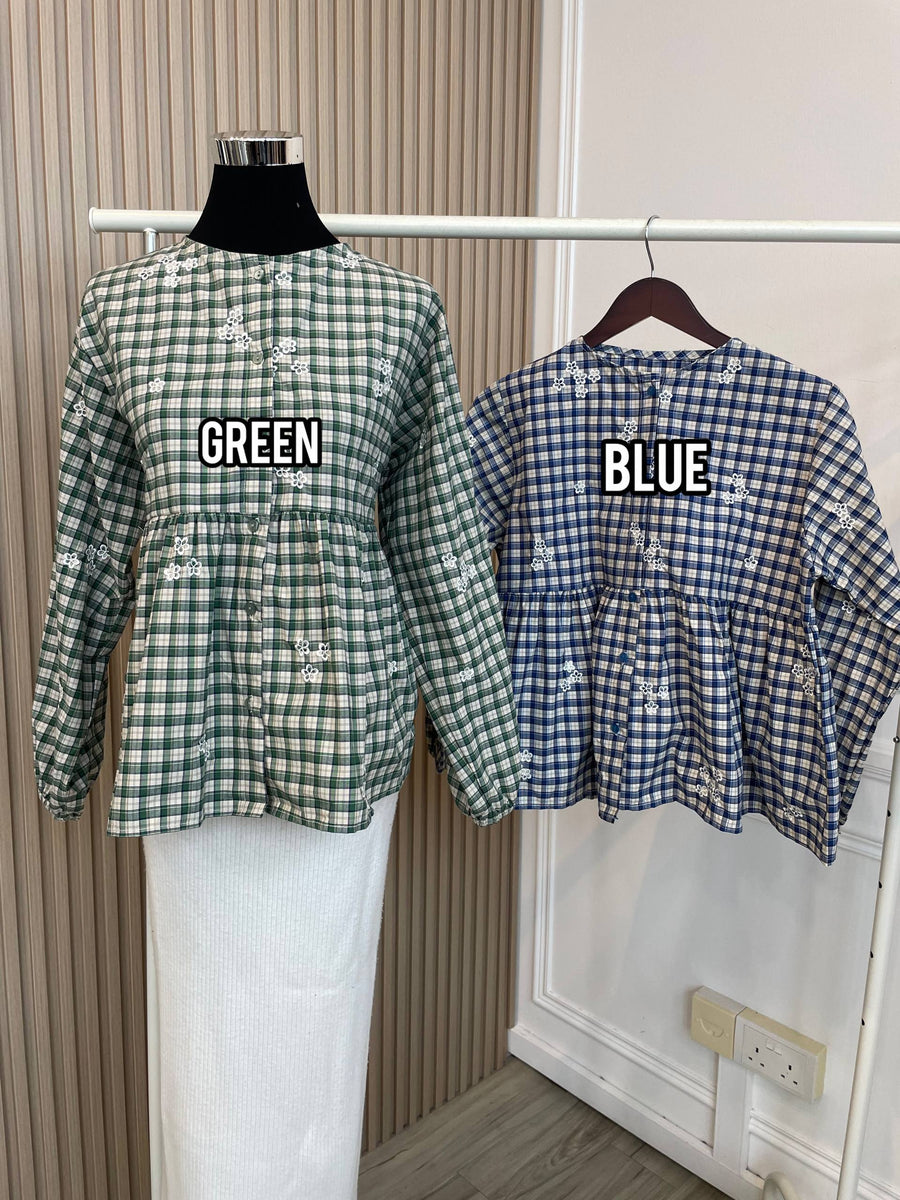 Babydoll Embroidery Plaid Blouse