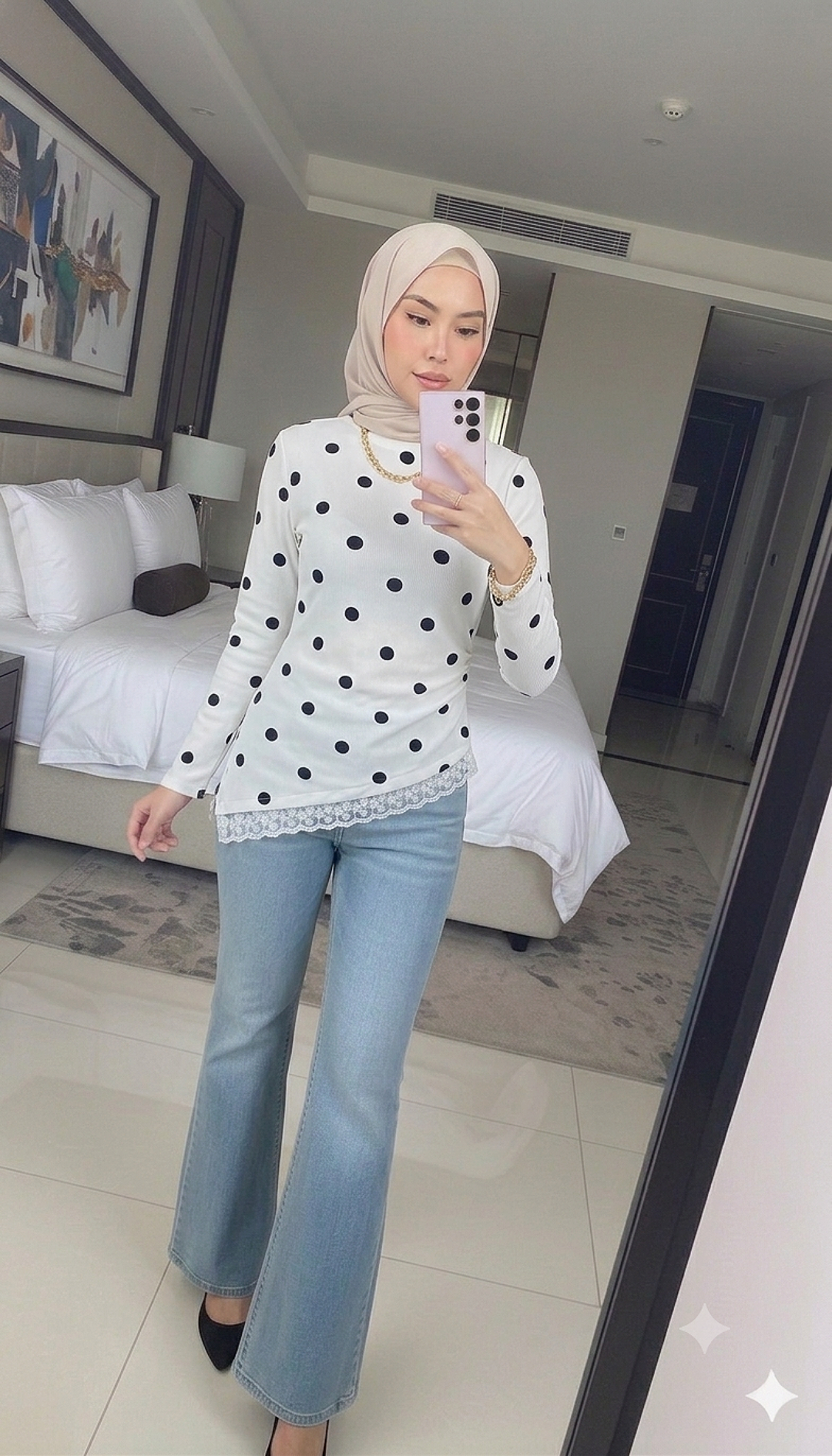 Polka Side Slit Ruched Lace Top