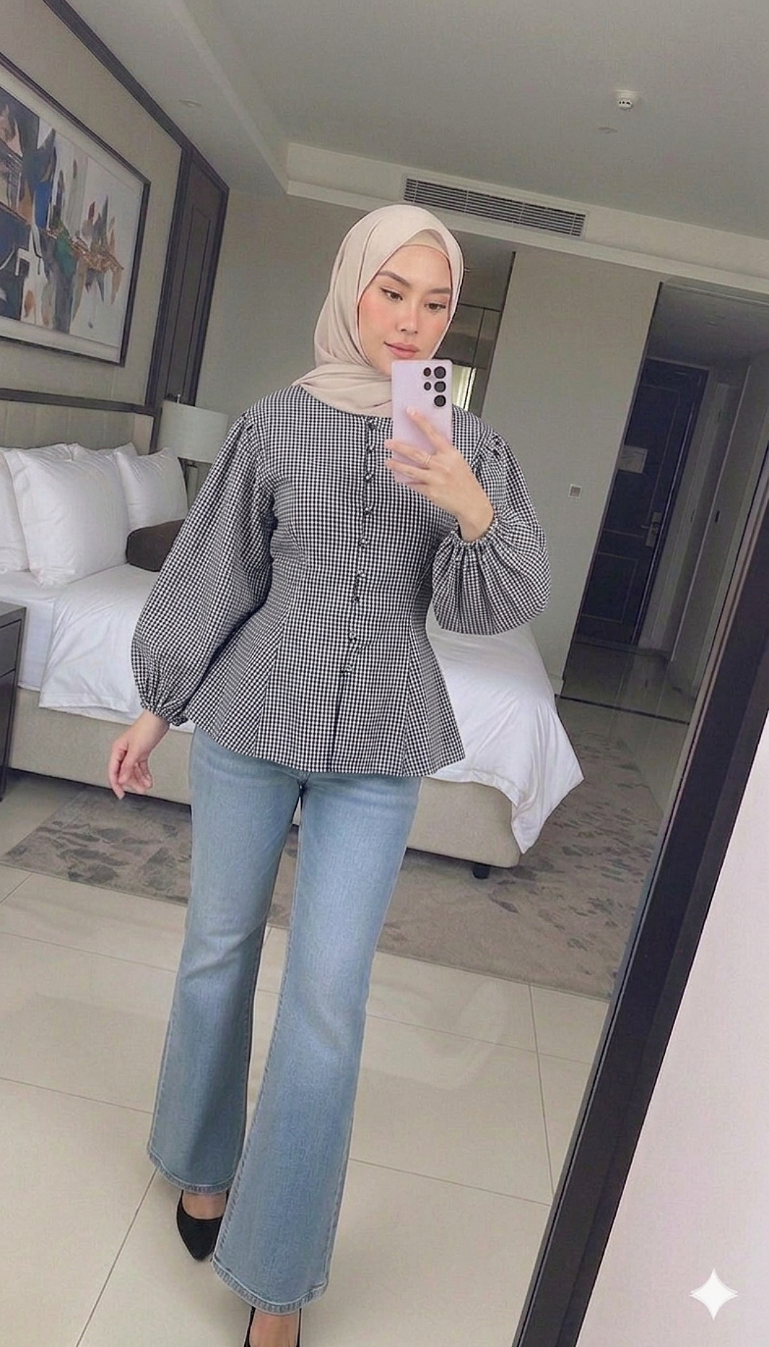 Gingham Balloon Sleeve Blouse (NLB Own Manufactured)