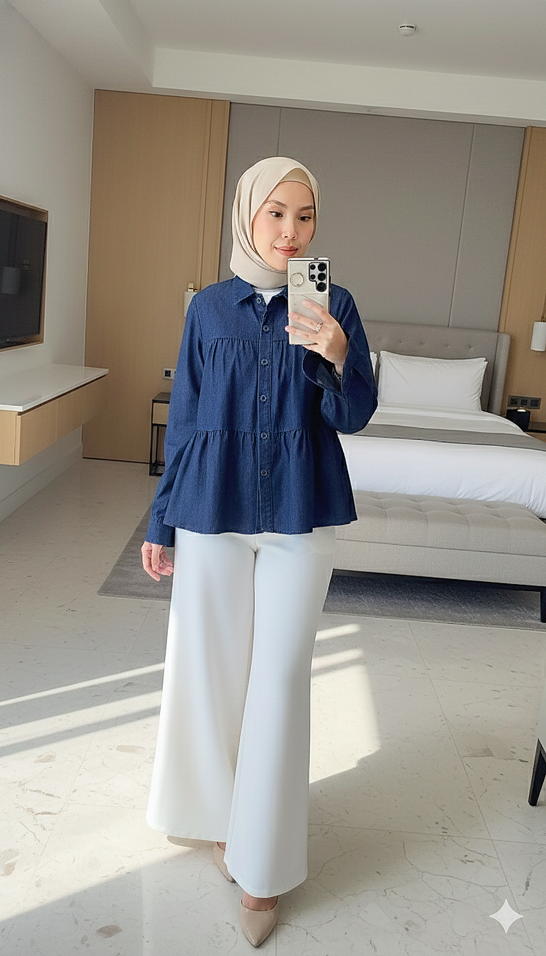 Tiered Denim Babydoll Blouse