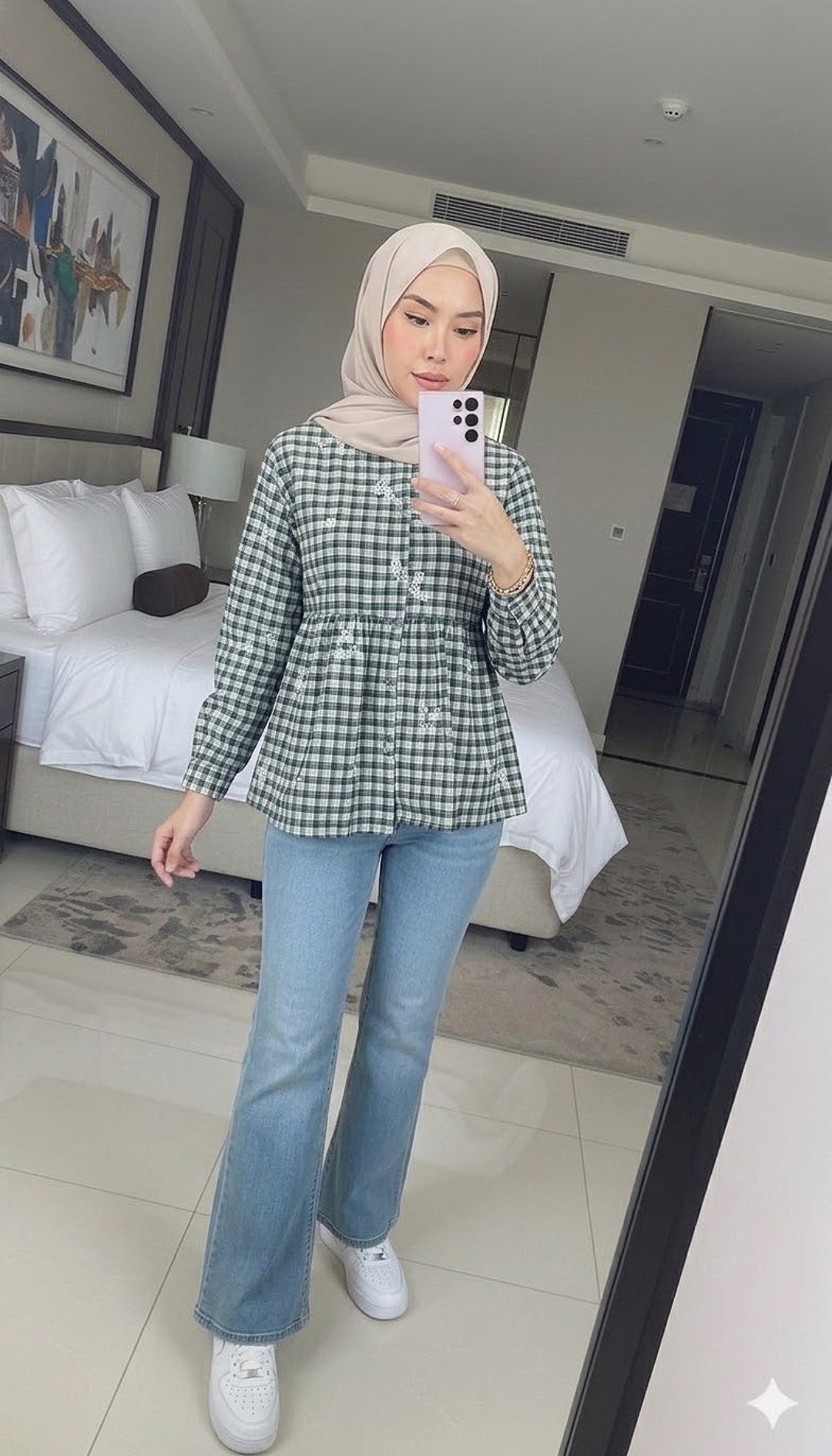 Babydoll Embroidery Plaid Blouse
